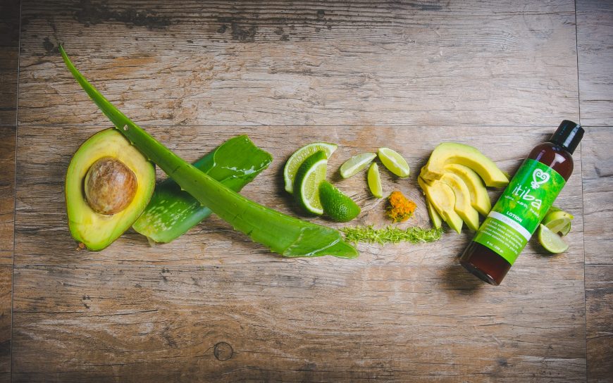 Essentials for caribbean beauty, including natural aloe, limes, avocado and other caribbean bush medicines