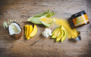 Caribbean mango, avocado and traditional Nevis healing ingredients in mango body polish for healthy skin