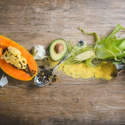 Ingredients for Traditional Jamaica healing papaya body polish, coconut, papaya, avocado and shea butter.