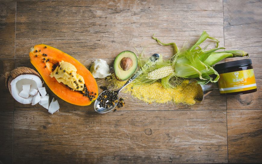 Ingredients for Traditional Jamaica healing papaya body polish, coconut, papaya, avocado and shea butter.