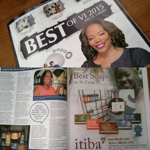 Magazine articles praising itiba beauty for "Best Soaps on St. Croix"